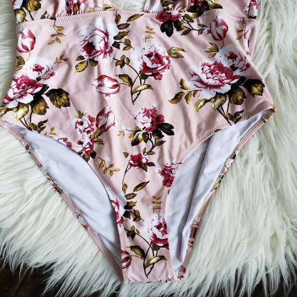 NEW CupShe Pink Floral Halter One Piece Plunging Pink XXL - Picture 6 of 9